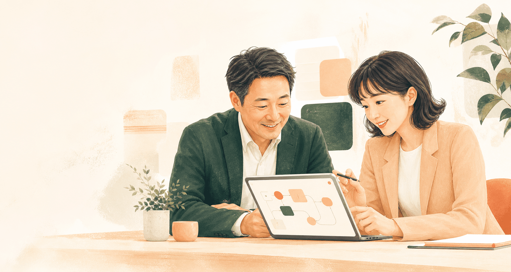 保険代理店の経営者とCocreoの担当者が一緒に業務改善を考えている様子